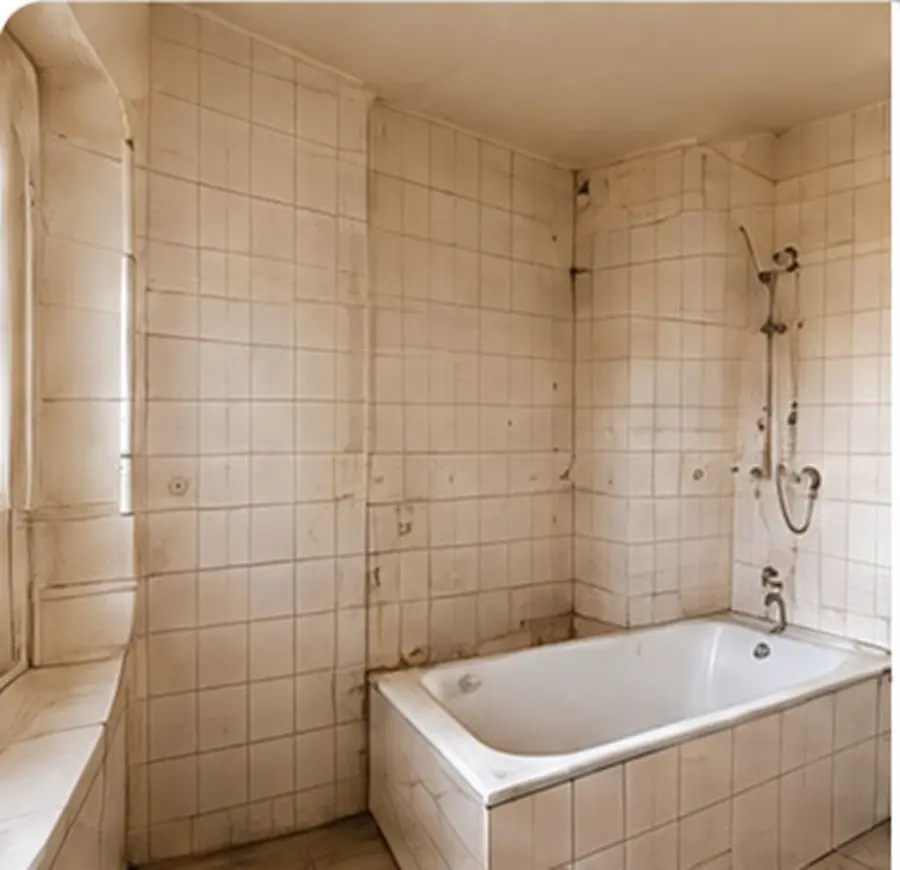 Älteres Bad mit Badewanne und
kleinformatigen Fliesen